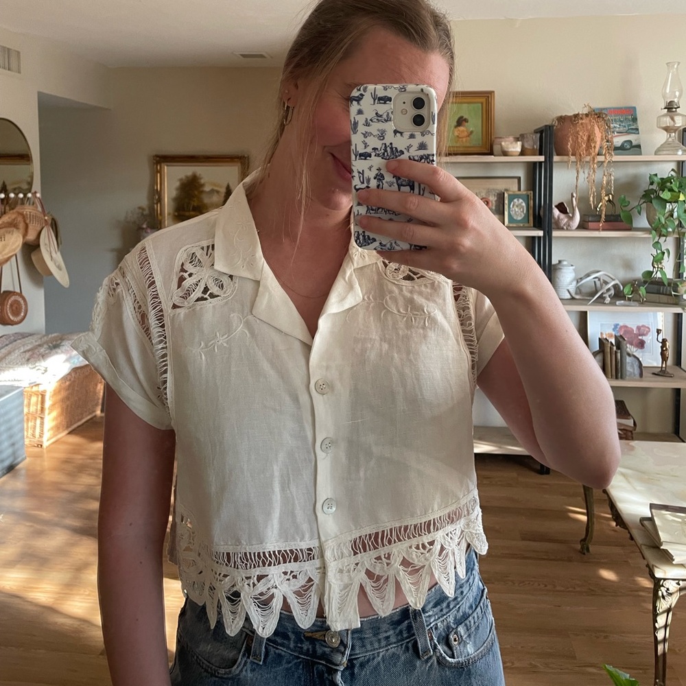 Free People Homespun Cropped Eyelet Button Down White - Picture 4 of 4